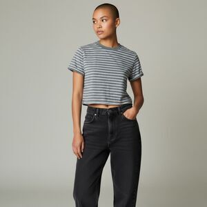 Forever 21 Gray and White striped Short Sleeve Cropped Top 100% Cotton size M